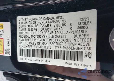 2024 Honda Civic Touring из США, поврежденный, VIN 2HGFE1F90RH318816